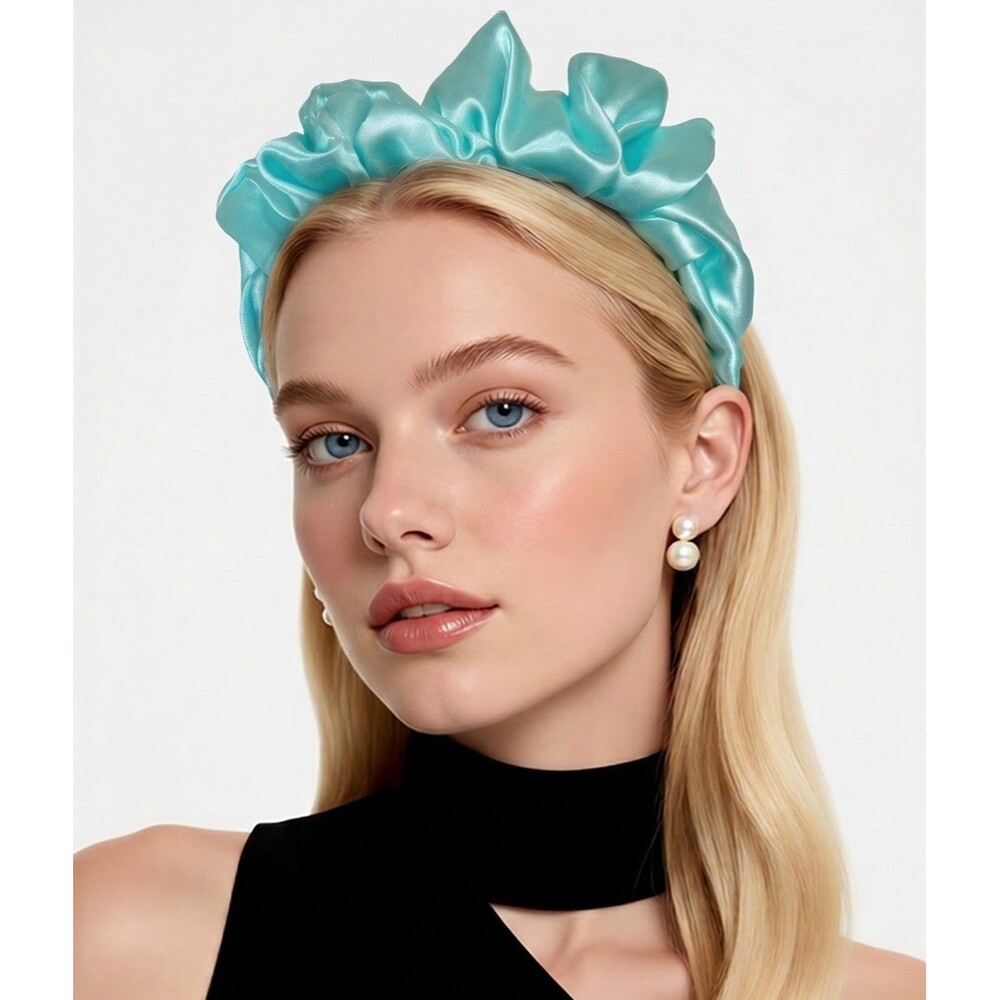 Blue Satin Headband wrap scrunched For Women’s And Girls Pleated design - Picture 10 of 12